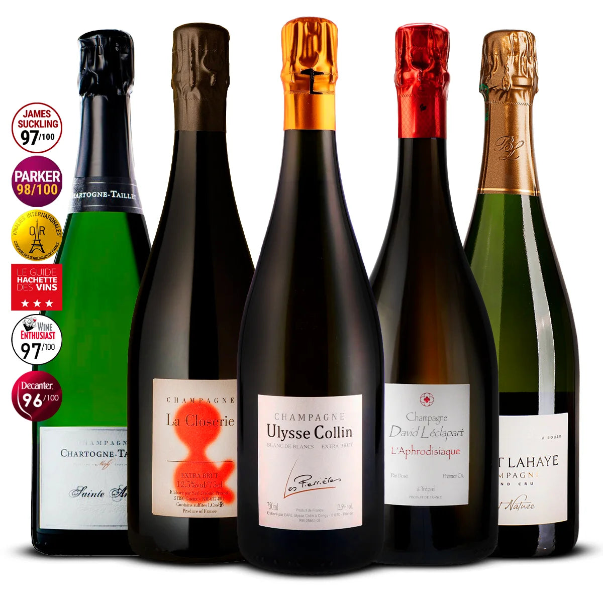 5 Champagne Set: Chartogne-Taillet Sainte Anne, La Closerie Extra Brut, Ulysse Collin Les Pierrières, David Léclapart L’Aphrodisiaque, Benoît Lahaye Brut Nature 5×750 ml