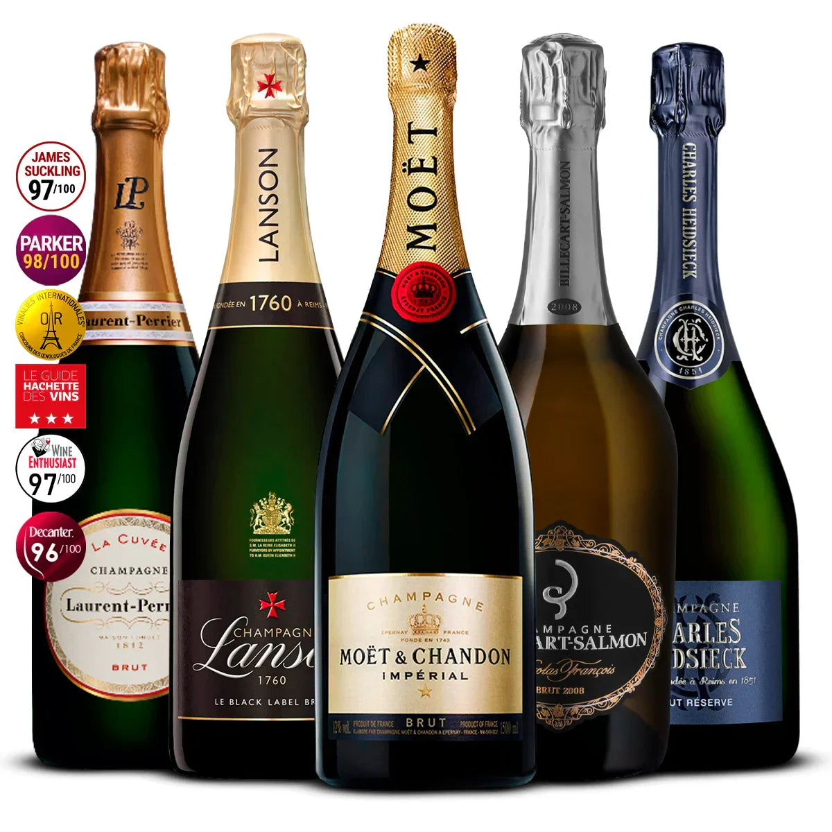 5 Champagne Set: Laurent‑Perrier La Cuvée, Lanson Black Label, Moët & Chandon Impérial, Billecart‑Salmon Cuvée Nicolas François & Charles Heidsieck Brut Réserve 5×750 ml