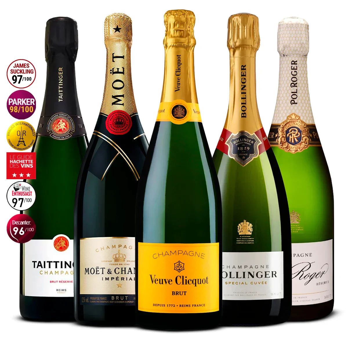 5 Champagne Set: Taittinger Brut Réserve, Moët & Chandon Impérial, Veuve Clicquot Brut, Bollinger Special Cuvée 007 & Pol Roger Réserve Brut 5×750 ml
