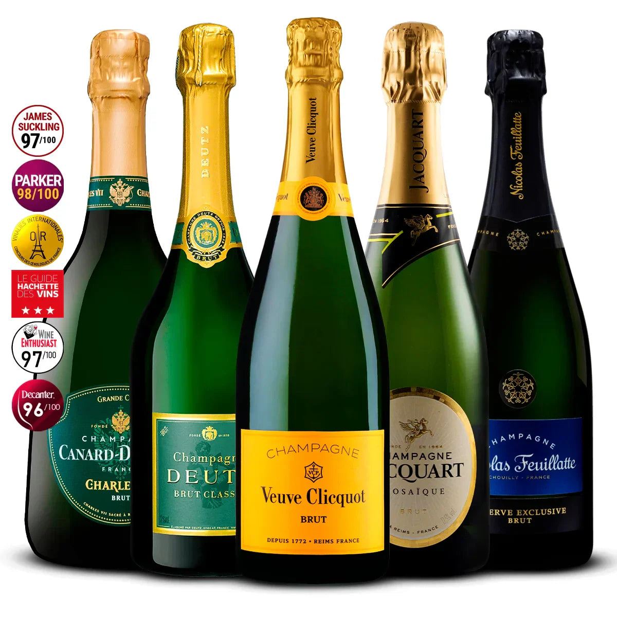 5 Champagne Set: Canard-Duchêne Charles VII, Deutz Brut Classic, Veuve Clicquot Brut, Jacquart Mosaïque & Nicolas Feuillatte Réserve Exclusive 5×750 ml