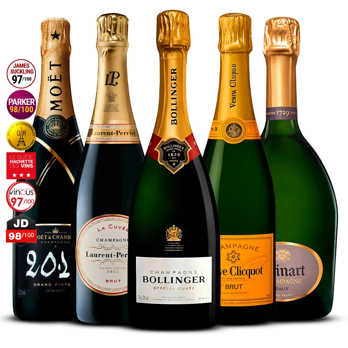 5 Champagne Set: Moët Grand Vintage 2012, Laurent-Perrier La Cuvée, Bollinger Special Cuvée, Veuve Clicquot Brut & Ruinart Brut 5×750 ml