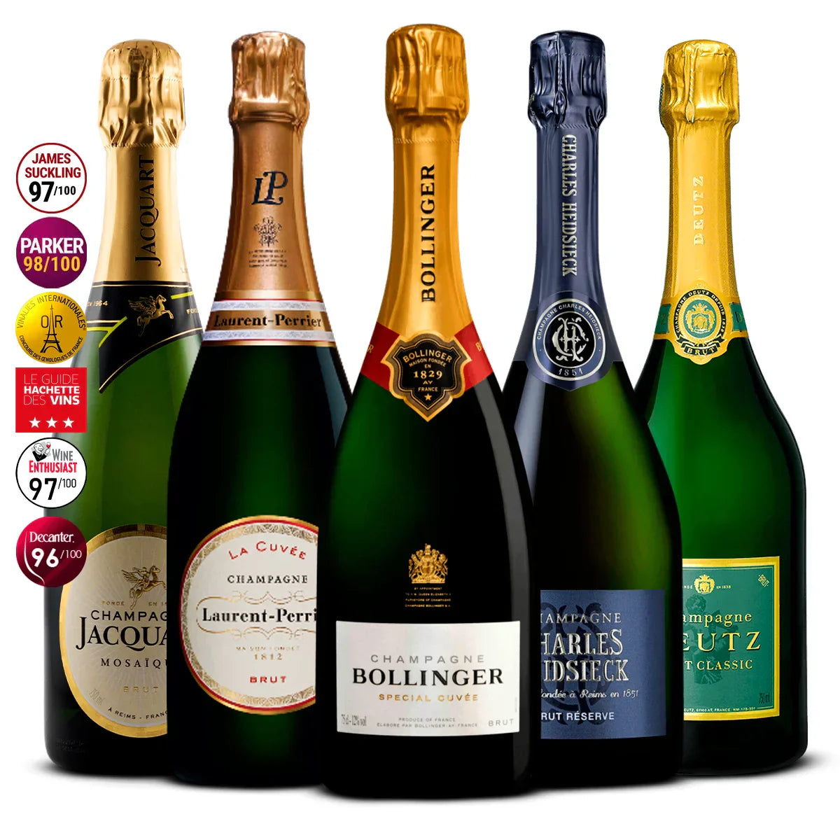 5 Champagne Set: Jacquart Mosaïque, Laurent‑Perrier La Cuvée, Bollinger Spécial Cuvée, Charles Heidsieck Brut Réserve & Deutz Brut Classic 5×750 ml