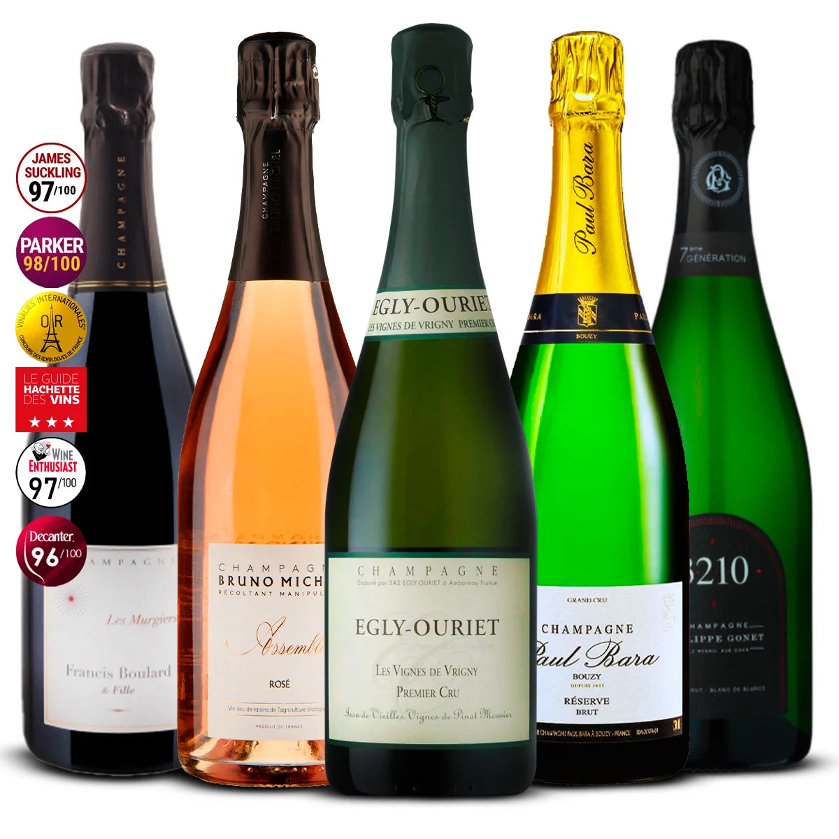 5 Champagne Set: Francis Boulard Les Murgiers, Bruno Michel Rosé Assemblée, Egly-Ouriet Les Vignes de Vrigny, Paul Bara Réserve Grand Cru, Philippe Gonet 3210 Blanc de Blancs 5×750 ml