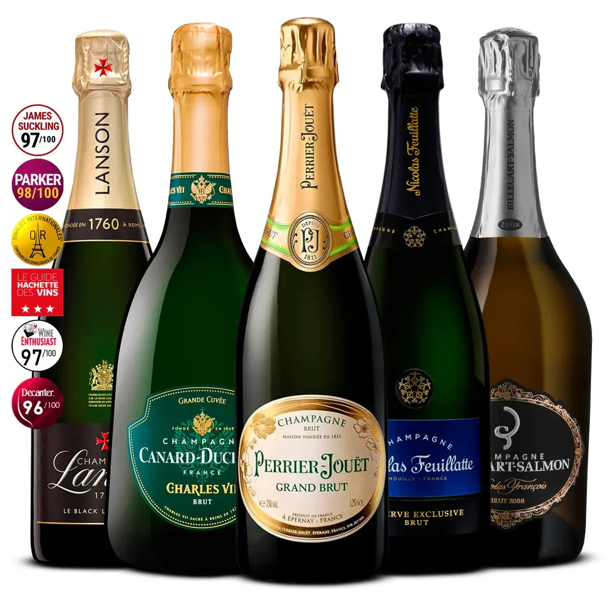 5 Champagne Set: Lanson Black Label, Canard‑Duchêne Charles VII, Perrier‑Jouët Grand Brut, Nicolas Feuillatte Réserve Exclusive & Billecart‑Salmon Cuvée Nicolas François 5×750 ml