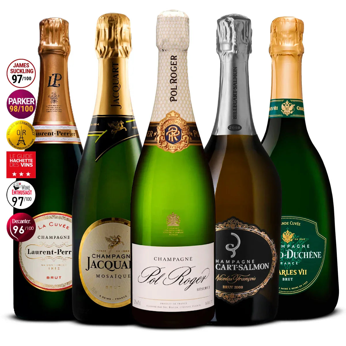 5 Champagne Set: Laurent‑Perrier La Cuvée, Jacquart Mosaïque, Pol Roger Réserve, Billecart‑Salmon Cuvée Nicolas François & Canard‑Duchêne Charles VII 5×750 ml