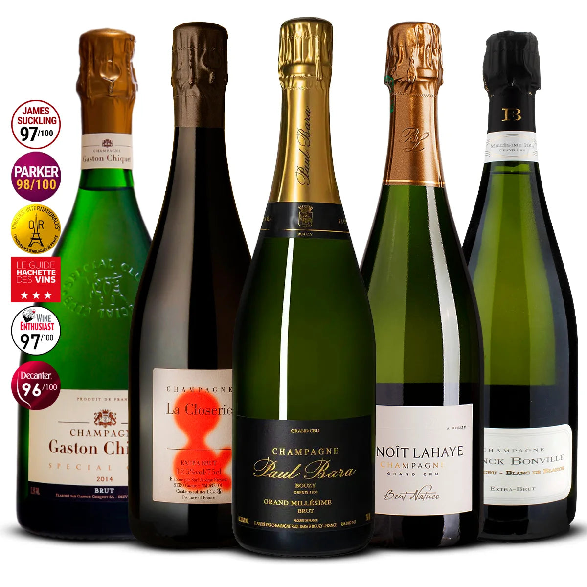 5 Champagne Set: Gaston Chiquet Special Club 2014, La Closerie Extra Brut, Paul Bara Grand Millésime Bouzy, Benoît Lahaye Brut Nature, Franck Bonville Blanc de Blancs Grand Cru 5×750 ml