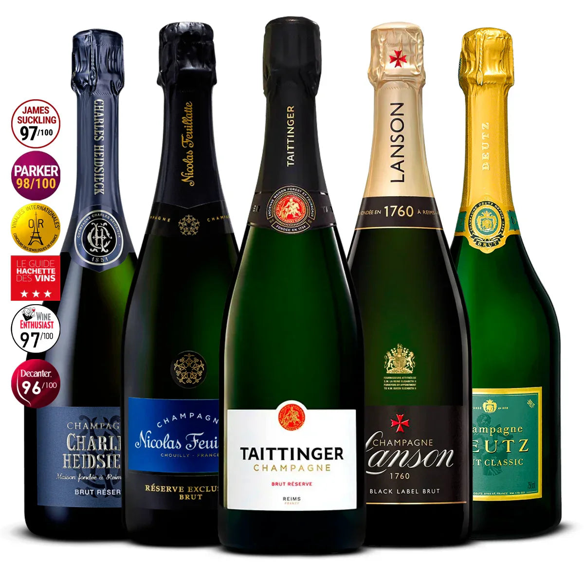 5 Champagne Set: Charles Heidsieck Brut Réserve, Nicolas Feuillatte Réserve Exclusive, Taittinger Brut Réserve, Lanson Black Label & Deutz Brut Classic 5×750 ml