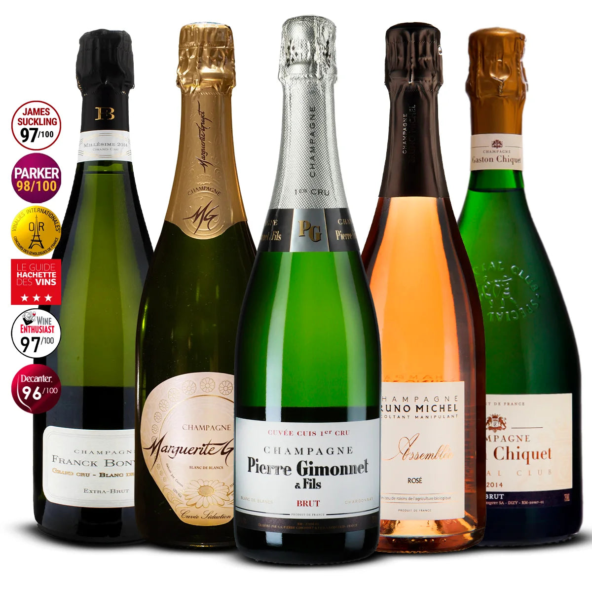 5 Champagne Set: Franck Bonville Blanc de Blancs Extra Brut, Marguet Shaman Cuvée Sablonnettes, Pierre Gimonnet Cuis 1er Cru, Bruno Michel Rosé Assemblée, Gaston Chiquet Special Club 2014 5×750 ml
