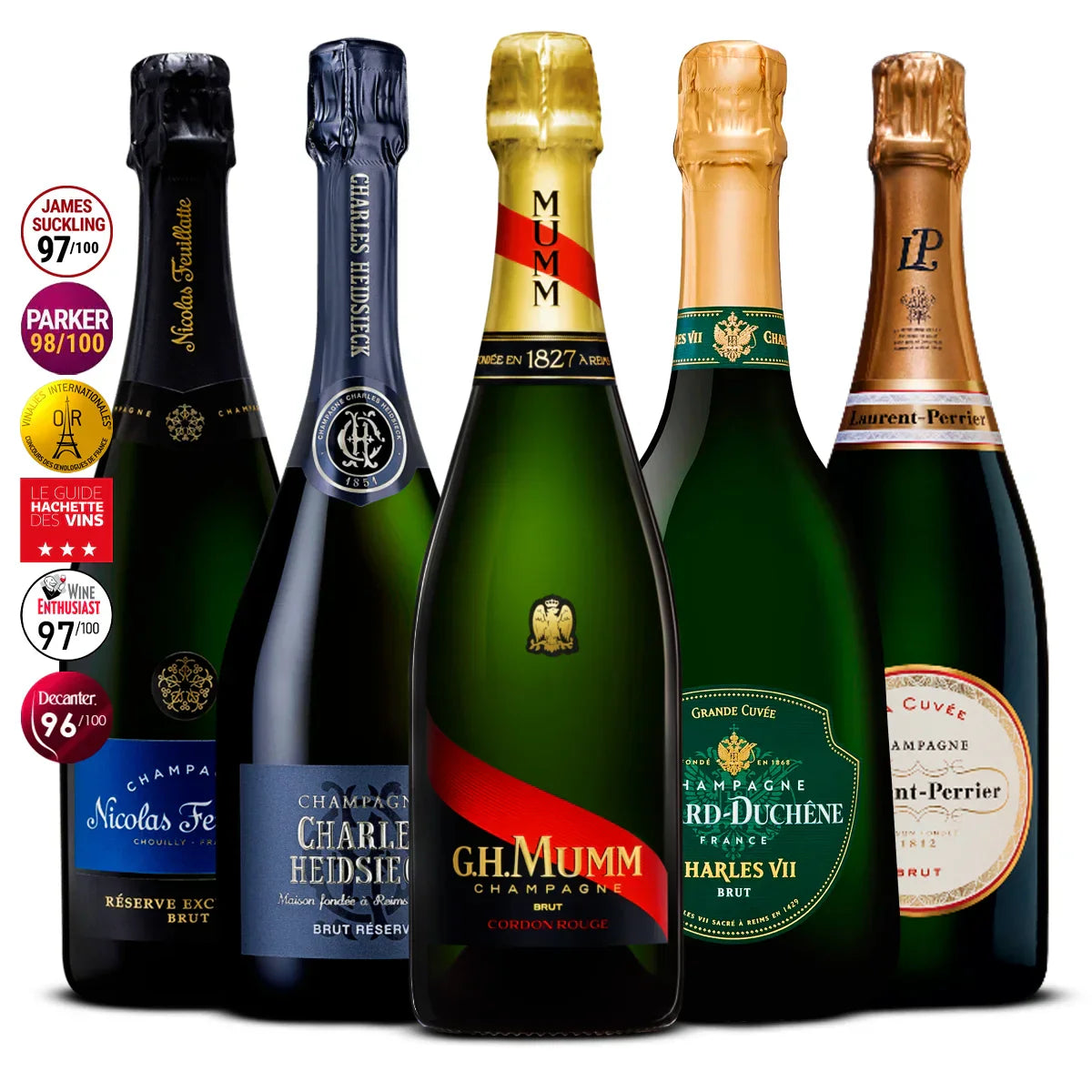 5 Champagne Set: Nicolas Feuillatte Réserve Exclusive, Charles Heidsieck Brut Réserve, G.H. Mumm Cordon Rouge, Canard‑Duchêne Charles VII & Laurent‑Perrier La Cuvée 5×750 ml