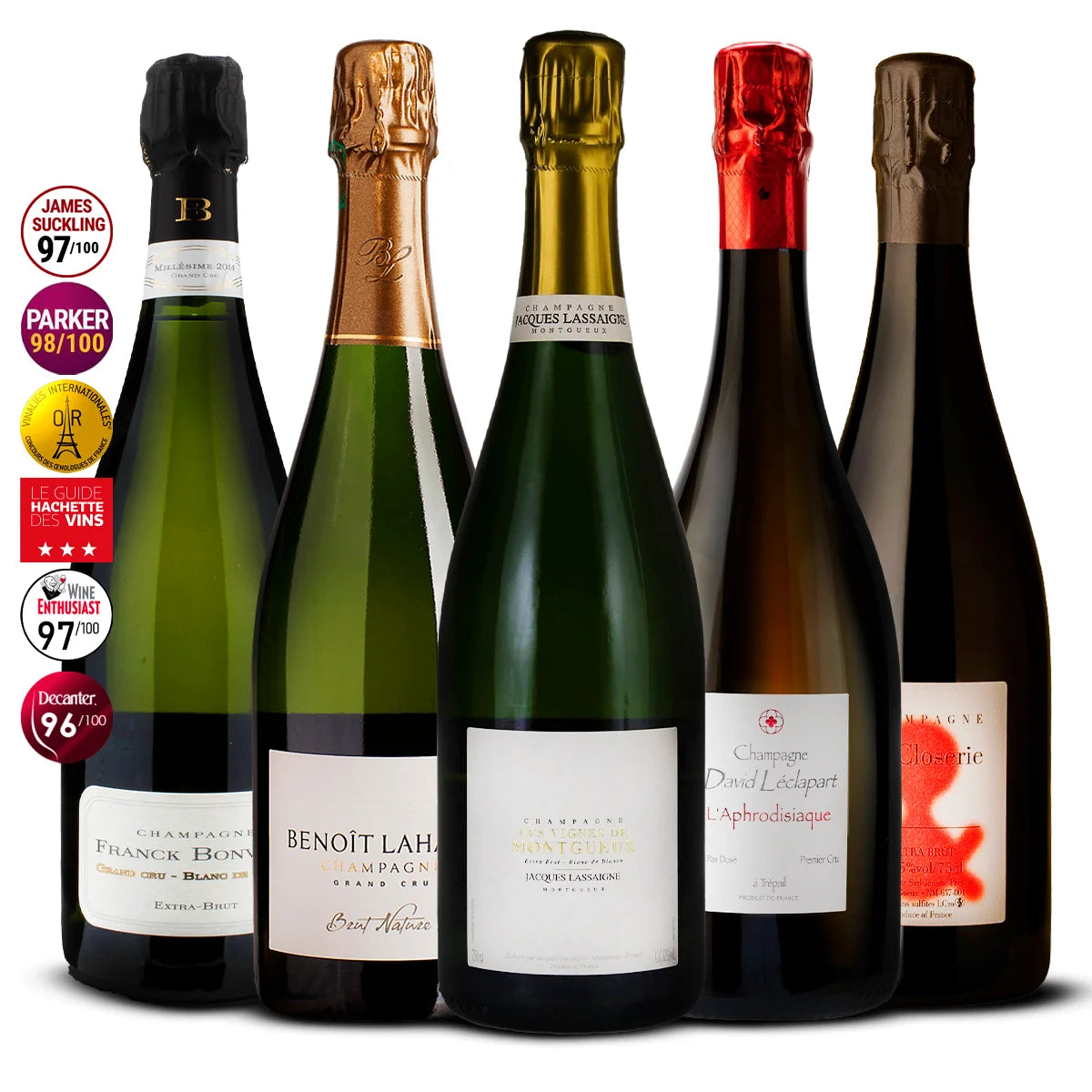 5 Champagne Set: Franck Bonville Blanc de Blancs Extra Brut, Benoît Lahaye Brut Nature, Jacques Lassaigne Les Vignes de Montgueux, David Léclapart L’Aphrodisiaque, La Closerie Extra Brut 5×750 ml