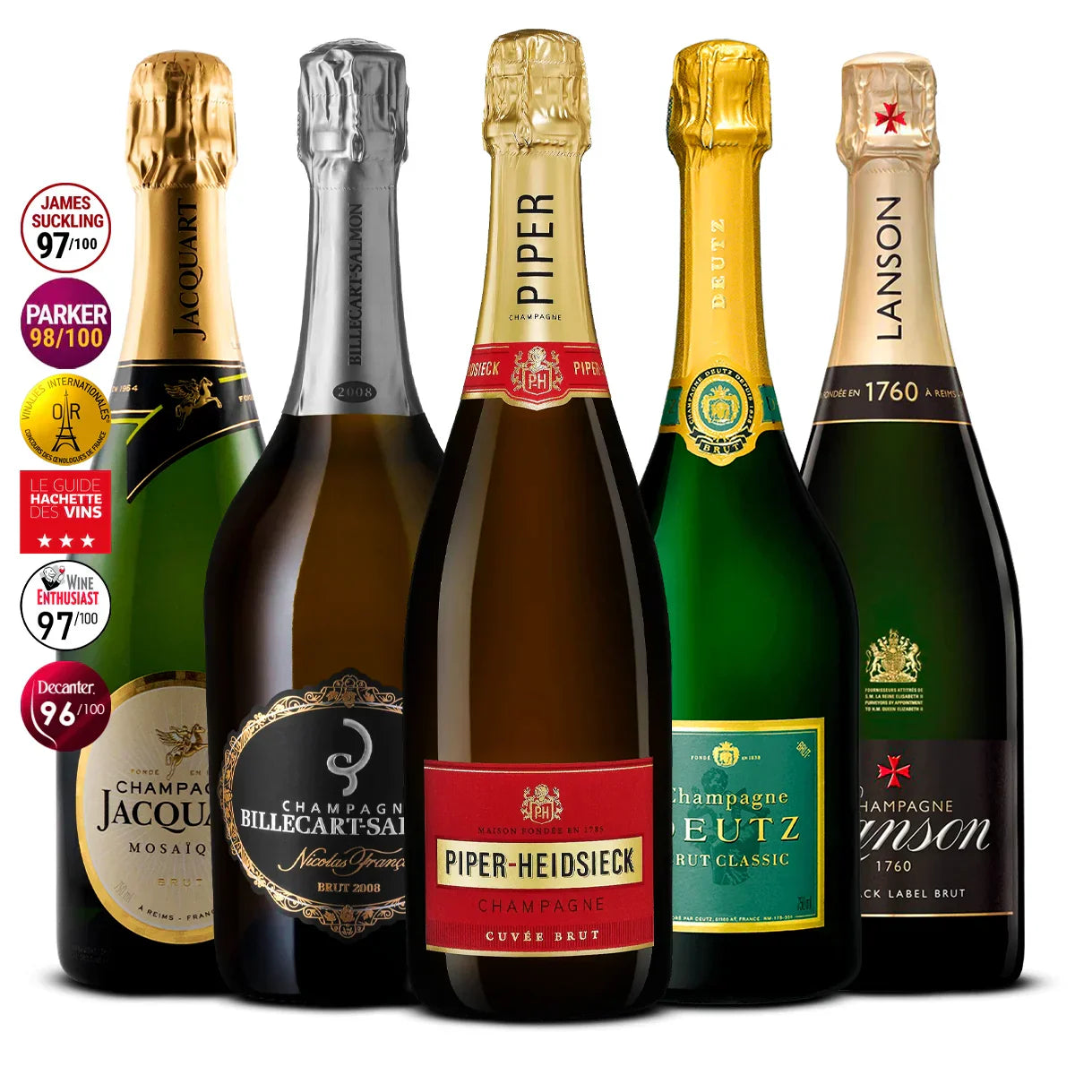 5 Champagne Set: Jacquart Mosaïque, Billecart‑Salmon Cuvée Nicolas François, Piper‑Heidsieck Cuvée Brut, Deutz Brut Classic & Lanson Black Label 5×750 ml